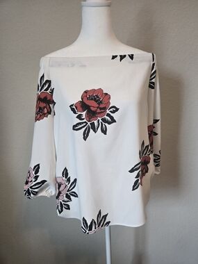 Ann Taylor White Blouse with Black and Pink Floral Accents